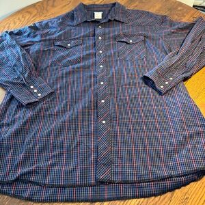 Vintage Western Pearl Snap Shirt Mens Plaid Long Sleeve Navy Red Multi Color‎ L